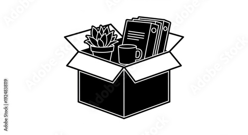 An open box containing a potted plant, a book, and a mug, viewed from directly above in a minimalist illustration style