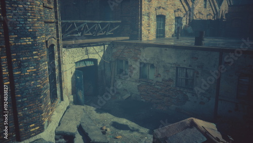 фотографія Amidst worn brick walls and crumbling structures, sunlight pours into an old courtyard, where shadows dance around forgotten corners and remnants of past life linger quietly