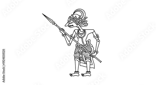 Traditional Javanese Wayang Kulit Shadow Puppet Warrior with Spear, Line Art