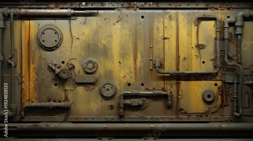 Wallpaper Mural Weathered yellow steel industrial door with rusted mechanical levers and panels Torontodigital.ca