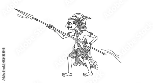 Traditional Javanese Wayang Kulit Shadow Puppet Warrior with Spear, Line Art