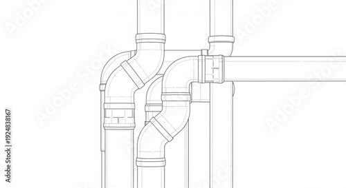 Complex plumbing system illustration showing pipes, fittings, and connections in a technical diagram view