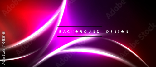 Abstract neon lines create vibrant curves. Dark background emphasizes bright purple, pink, red gradients. Modern design element.