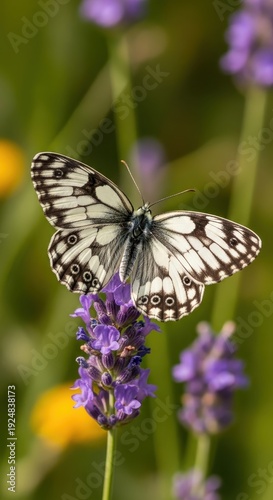 Marbled White Butterfly on Lavender Flower in Summer Garden.