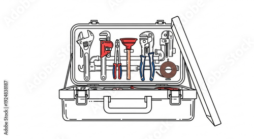 An open toolbox filled with various tools and equipment on a plain background from a front viewpoint