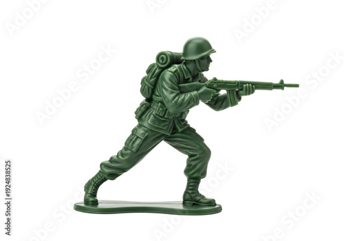 A small green plastic toy soldier with a gun isolated on transparent background