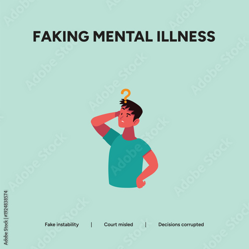 Faking mental illness with a confused man scratching his head, illustrating court misdirection and corrupted decisions.