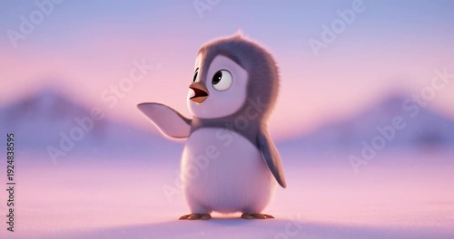 A cartoon penguin standing in snow with a pink and blue background animal bird winter