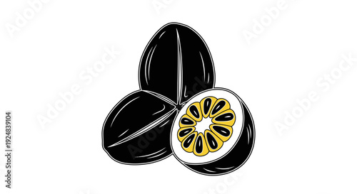 Passion Fruit Icon: Whole and Halved Tropical Fruit, Black and Yellow Illustration
