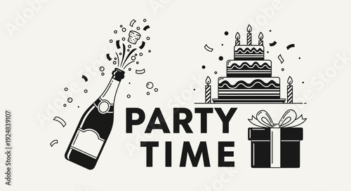 Party Time: Champagne Bottle Popping, Birthday Cake, Gift Box, Confetti - Celebration Concept