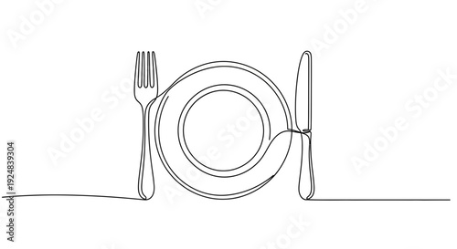 Minimalist Single Line Drawing of Plate, Fork, and Knife - Elegant Dining Setup