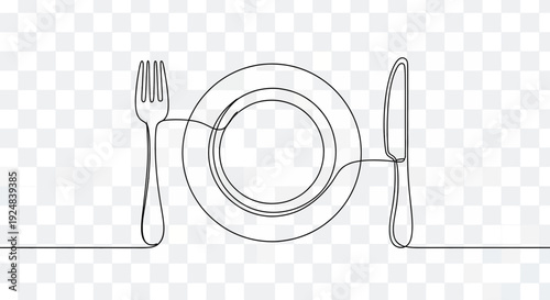 Minimalist Single Line Drawing of Plate, Fork, and Knife - Ready to Eat