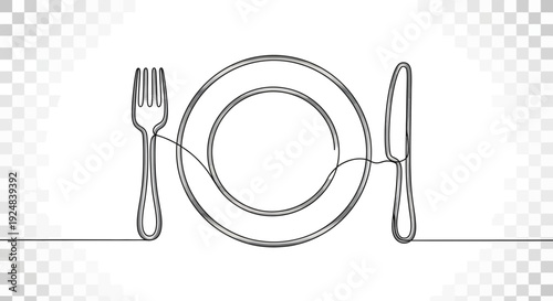 Minimalist Single Line Drawing of Plate, Fork, and Knife - Restaurant Dining Concept