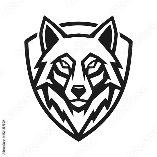 A black and white wolf head logo. A forest animal icon, a wild predator silhouette, and a shield emblem. A minimalist vector image of the animal