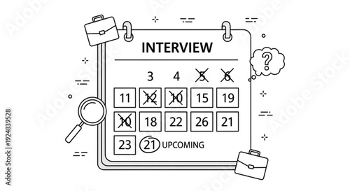 A calendar page marked for interviews with a magnifying glass and briefcase nearby