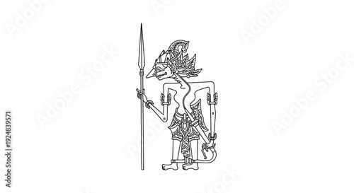 Indonesian Wayang Kulit Shadow Puppet Character with Spear, Traditional Art