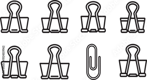 A collection of various types of paper clips in different shapes and sizes. Vector