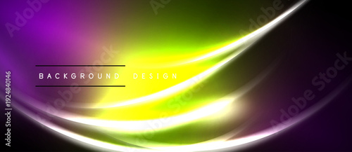 Abstract vibrant waves, purple, green, yellow hues. Smooth gradients create dynamic visual effect. Dark background emphasizes luminosity.