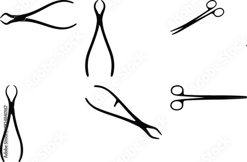 Assorted styles of scissors and cutting tools in black and white illustration