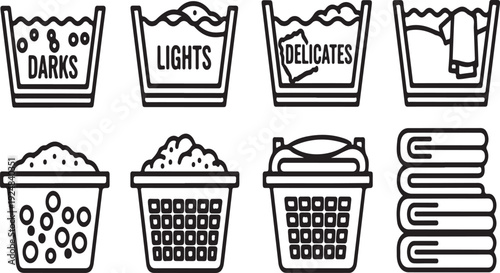 Laundry baskets filled with different types of clothes for washing Vector