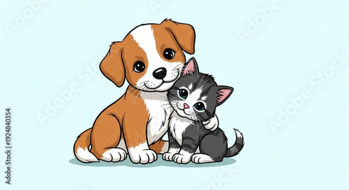Cute brown and white puppy hugs a grey and white kitten on light blue background