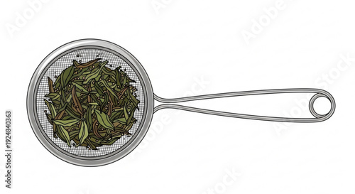 Tea leaves in a metal tea strainer on a white background perfect for culinary or beverage concepts