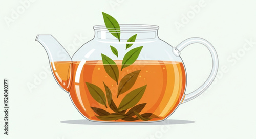 Transparent teapot with green tea leaves and warm orange liquid on a light background perfect for healthy beverage concepts