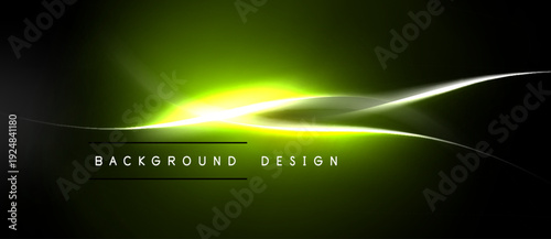 Dark background features vibrant green light streaks. Smooth curves create dynamic visual effect. Text reads background design.