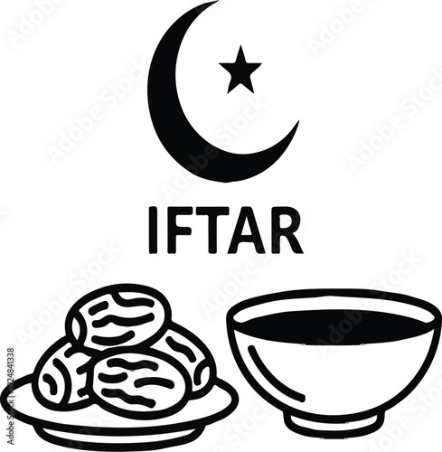Minimalist Black and White Iftar Icon Set Featuring Dates on a Plate, a Bowl of Water, and a Crescent Moon with Star for Ramadan