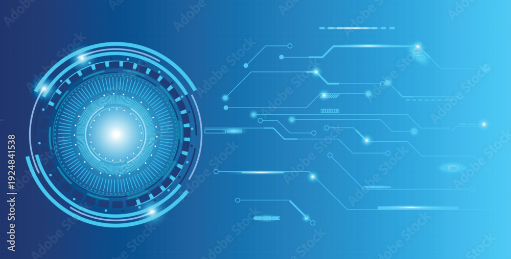 Obraz premium Futuristic Digital Interface with Blue Circuitry and Circular Elements on a Tech Background