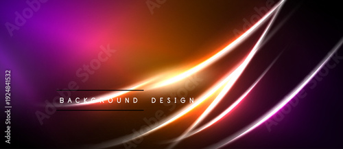 Abstract neon lines create vibrant gradient. Dark background emphasizes glowing curves, modern design element.