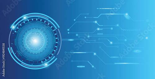 Futuristic Digital Interface with Blue Circuitry and Circular Elements on a Tech Background