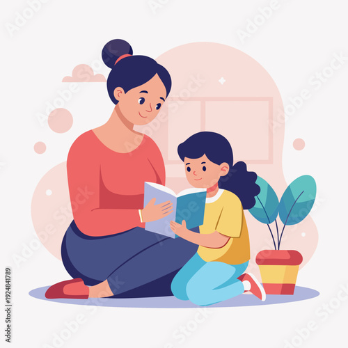 Woman and child reading a book together on the floor