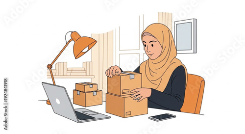 Home Based Ecommerce Business Owner Packing Customer Orders – Modest Lifestyle Vector Illustration