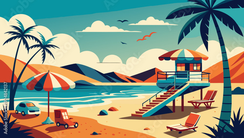 Retro-style illustration of a lively beach scene with palm trees, a car, beach umbrellas, and a lifeguard tower, conveying a sense of adventure.