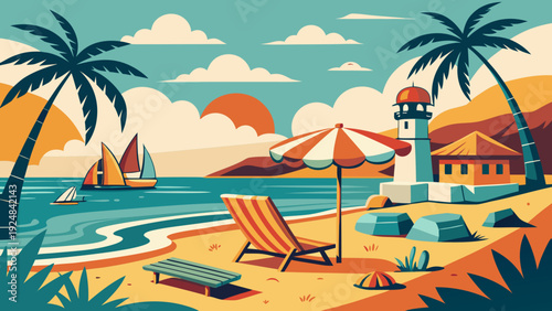 Idyllic illustration of a tropical beach with a lighthouse, sailboats, a deck chair, and palm trees, evoking a peaceful vacation getaway.