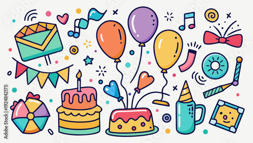 Joyful doodle-style illustration of birthday party elements including cakes, balloons, party hats, and festive decorations.
