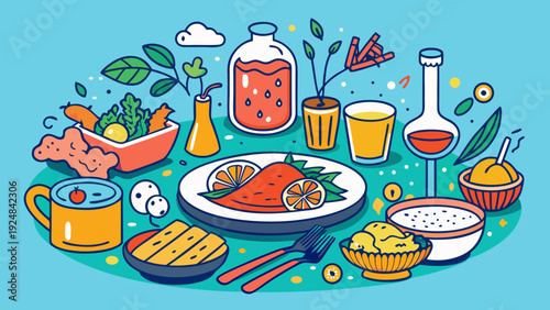 Vibrant Food and Drink Illustration - Healthy Meal and Refreshments in Flat Design