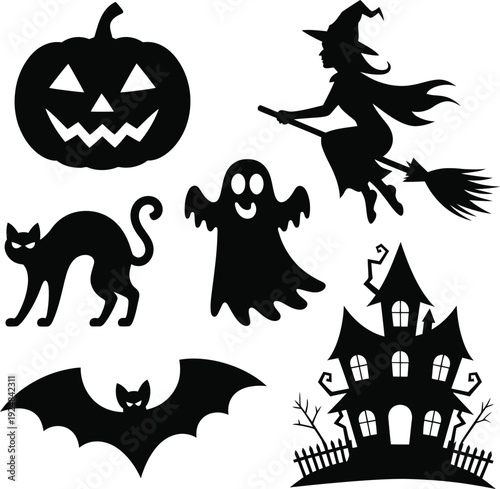 Black silhouettes of Halloween on white background