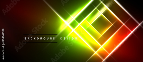 Bright neon lines intersect, creating dynamic abstract background. Vivid gradients transition from red to green, yellow highlights present.