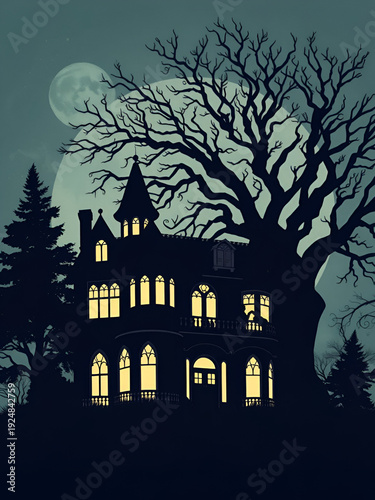 Haunted victorian manor with eerie tree silhouette. Vector retro hand drawn illustration.