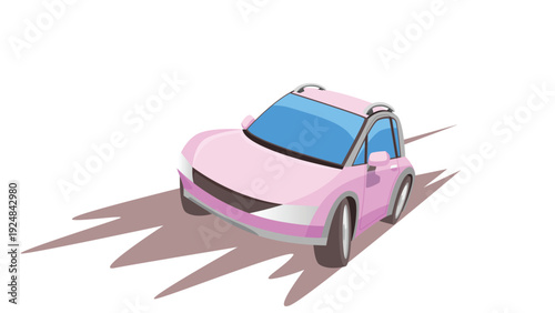 Vibrant stylized illustration of a compact pink car with blue windows. Shown at a dynamic angle. Its modern rounded design features roof rails and sharp shadows giving it a fast energetic look.