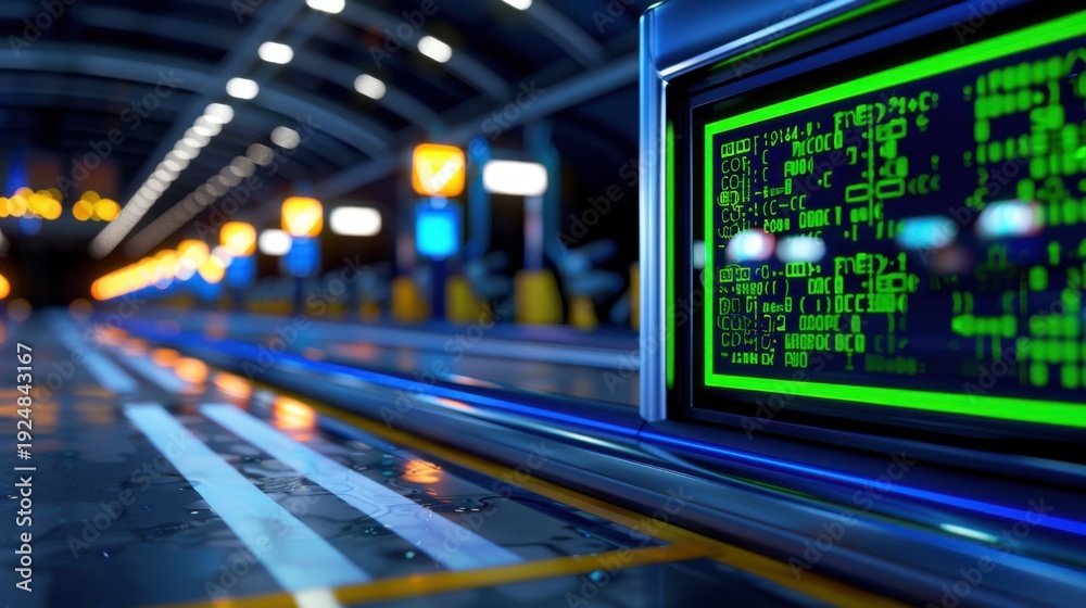 Naklejka premium Futuristic Technology Background with Glowing Green Code on Display in Modern Industrial Environment