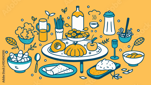 Abundant Harvest Feast Illustration with Autumnal Foods, Fruits, and Vegetables on a Round Table