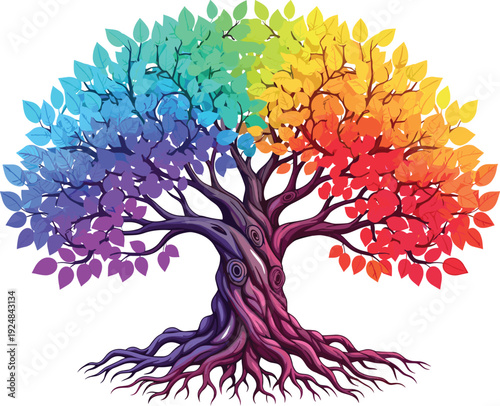 Rainbow tree with twisting trunk and roots, colorful foliage illustration, diversity concept, unity design, transformation artwork scene - flavector