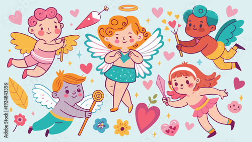 Adorable Cartoon Cupids with Wings and Hearts, radiating love and romance on a soft blue background