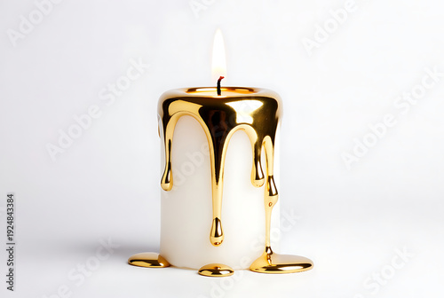 Wallpaper Mural Candle burning with golden wax drip over white pillar, minimalist luxury still life on clean background, festive decor concept with warm flame and copy space Torontodigital.ca