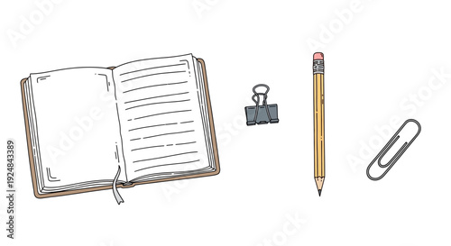Open notebook, pencil, and paper clips arranged on a white background - Editorial Use Only