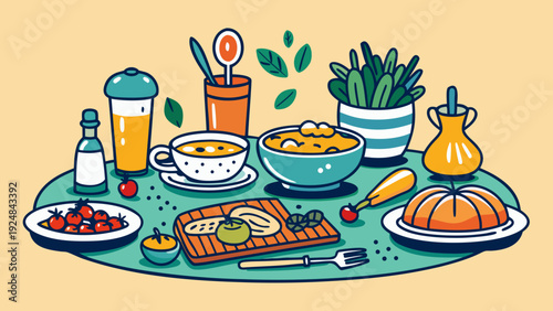 Cozy Brunch Table Illustration with Fresh Food, Drinks, and Plants, creating a warm and inviting atmosphere