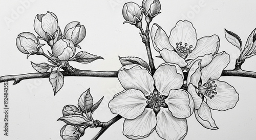 This illustration of a graceful apple blossom blooming on a horse, drawn with detailed black lines and subtle touches of shading, brings out the simple beauty in an elegant monochrome setting